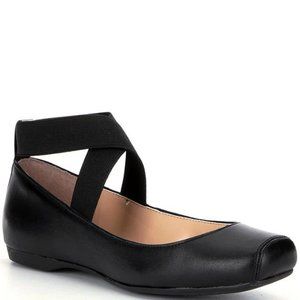 Jessica Simpson Black Leather Mandalaye Ballet Flats Elastic Ankle Straps Size 6